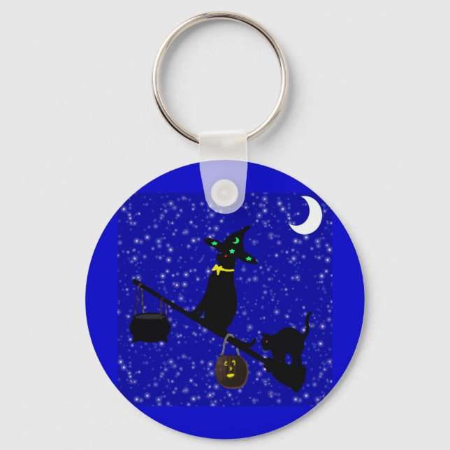 "Halloween Cat On A Broom"* Key Ring (Front)