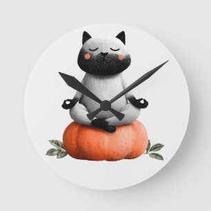 Halloween Cat on Pumpkin Design Round Clock