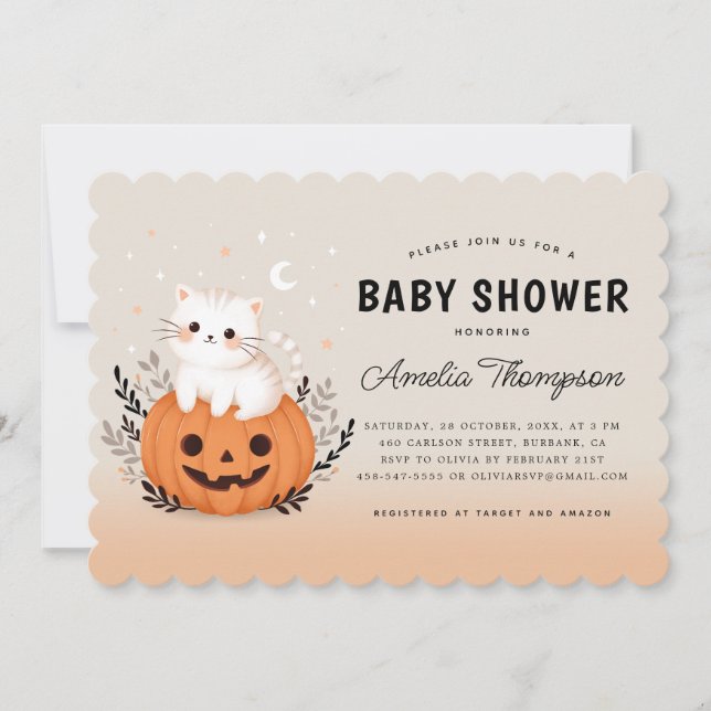 Halloween Cat On Pumpkin Orange Baby Shower Invitation (Front)