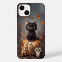 Halloween Cat on Pumpkin with Owls