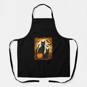 Halloween Cat, Orange Moon, and Bats, and Scary Pu Apron