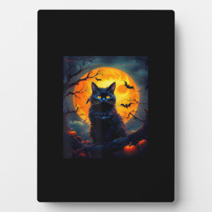 Halloween Cat, Orange Moon, and Bats, and Scary Pu Plaque