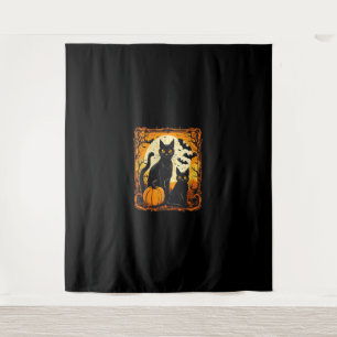 Halloween Cat, Orange Moon, and Bats, and Scary Pu Tapestry