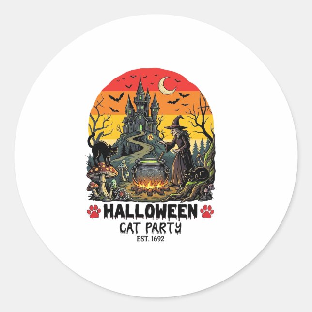 Halloween Cat Party Witch Cauldron Black Cats Haun Classic Round Sticker (Front)