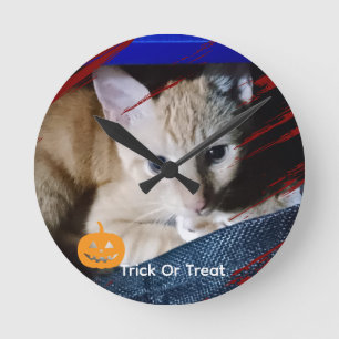 Halloween Cat Photo Text Customize Round Clock