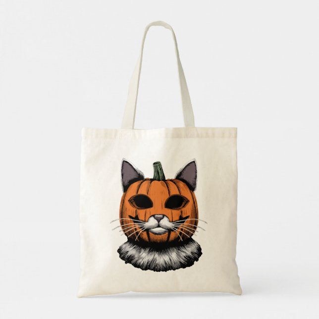 Halloween Cat, Pumpkin Face Tote Bag (Back)