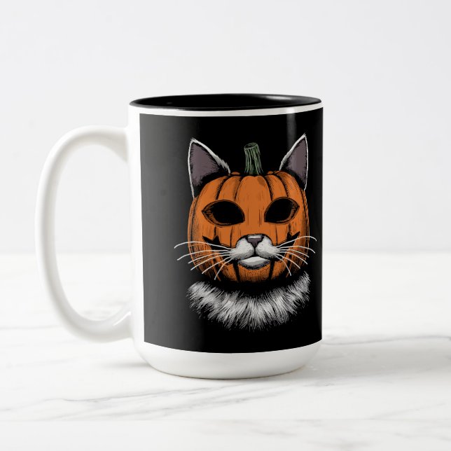 Halloween Cat, Pumpkin Face Two-Tone Coffee Mug (Left)