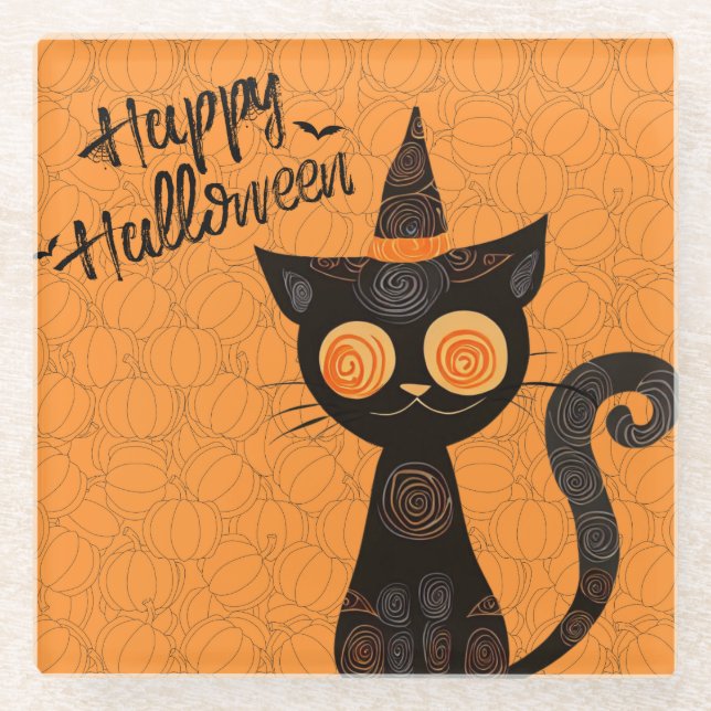 Halloween/cat/pumpkin/fall  glass coaster (Front)
