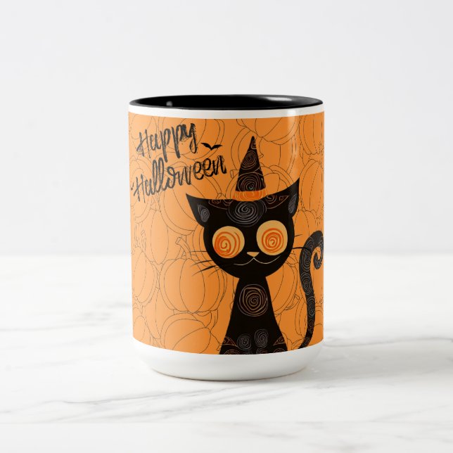 Halloween/cat/pumpkin/fall  Two-Tone coffee mug (Center)