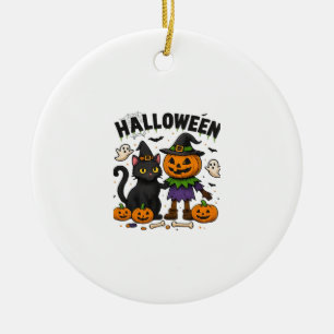 Halloween Cat & Pumpkin Friends Cute Spooky Shirt Ceramic Ornament