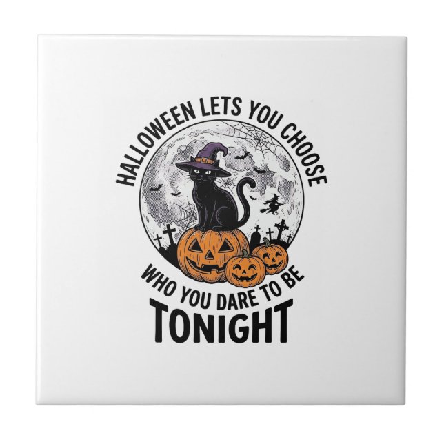 Halloween Cat Quote Spooky Pumpkin Witch Engraving Ceramic Tile (Front)
