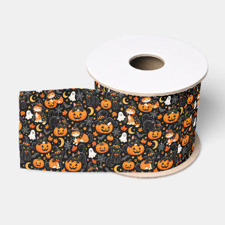 Halloween Cat Ribbon, Spooky Pumpkin and Black Cat Grosgrain Ribbon