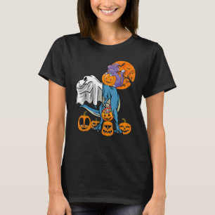 Halloween Cat Riding Dinosaur rex Ghost Dinosaur T-Shirt