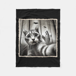 Halloween Cat Selfie With Ghost _ Funny Halloween Fleece Blanket