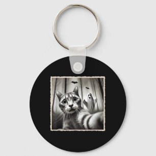 Halloween Cat Selfie With Ghost _ Funny Halloween Key Ring