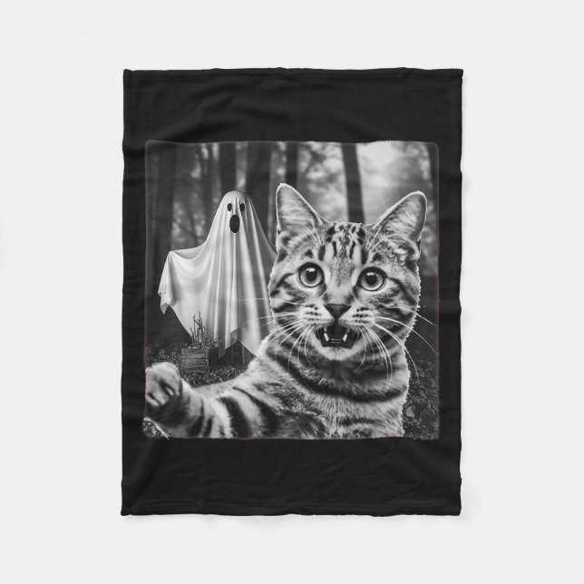 Halloween Cat Selfie With Soky Ghost  Fleece Blanket (Front)