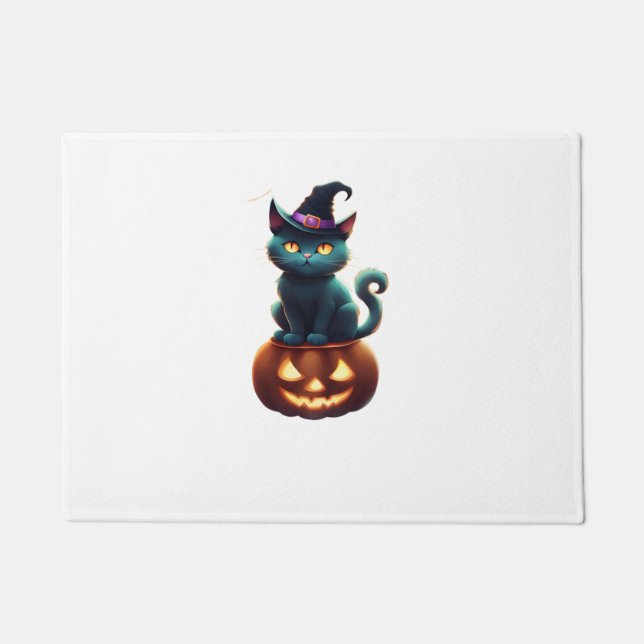 Halloween cat sitting on a pumpkin   doormat (Front)