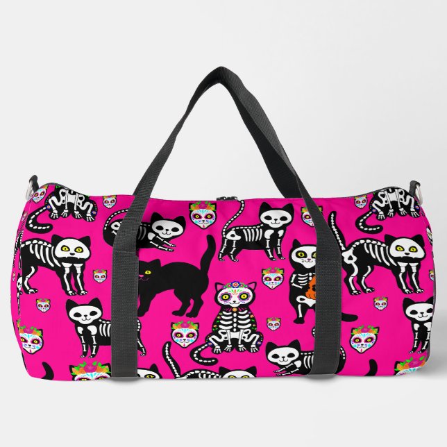 halloween cat skull skeleton pink duffle bag (Front)