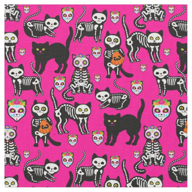 halloween cat skull skeleton pink fabric (Close Up)