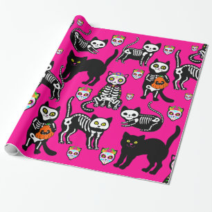 halloween cat skull skeleton pink wrapping paper
