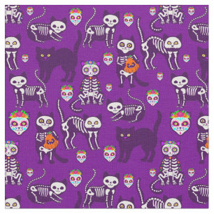 halloween cat skull skeleton purple fabric