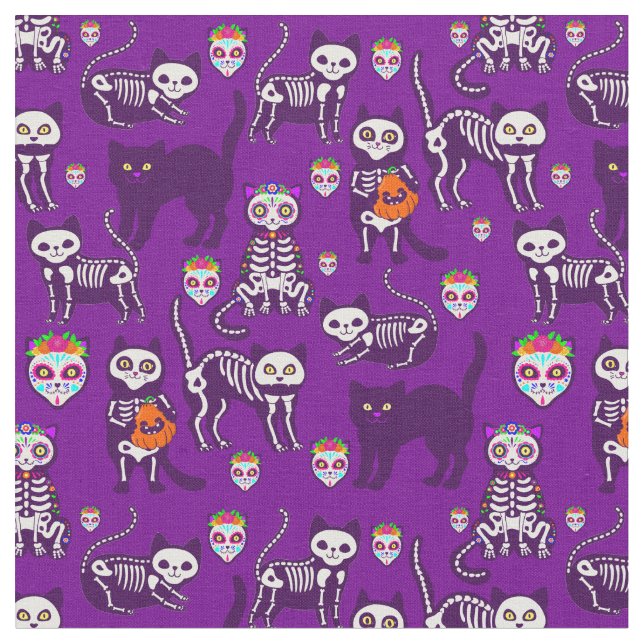 halloween cat skull skeleton purple fabric (Close Up)