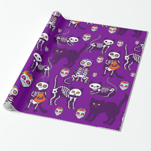 halloween cat skull skeleton purple wrapping paper