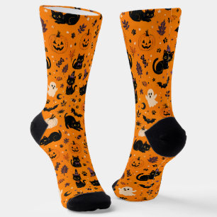 Halloween Cat Socks, Orange Spooky Black Cat Socks
