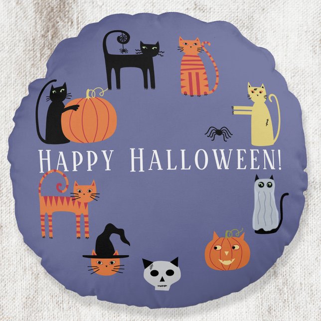 Halloween Cat Spooky Round Cushion (Fun Halloween Cats round pillow)