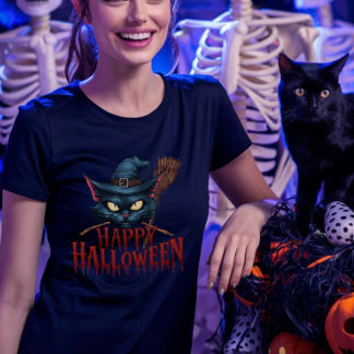 Halloween Cat - Spooky Witch Cat Design T-Shirt