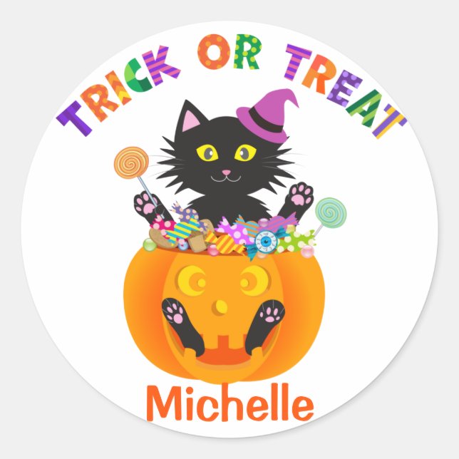 Halloween Cat Trick Or Treat Classic Round Sticker (Front)