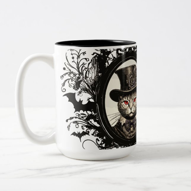 Halloween Cat, Vampire Cat, lady fangs Two-Tone Coffee Mug (Left)
