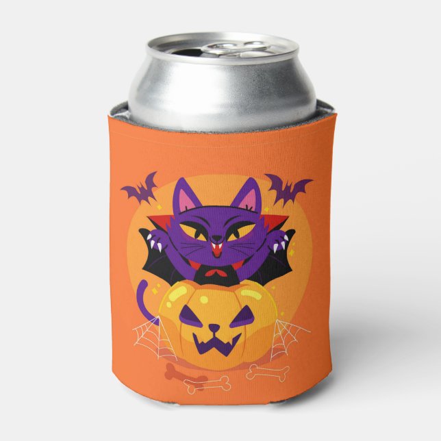Halloween Cat Vampire Pumpkins and Bats  Can Cooler (Can Front)