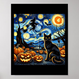 Halloween Cat Van Gogh Starry Night Witch Byts Pum Poster