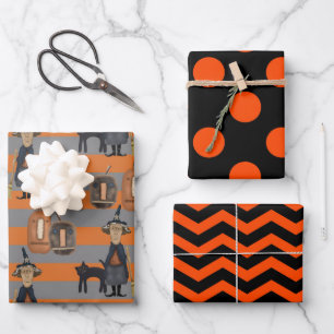 Halloween Cat & Witch   Black and Orange Dots Wrapping Paper Sheet