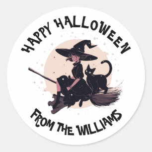 Halloween Cat Witch Flying on Broomstick Moon Cute Classic Round Sticker