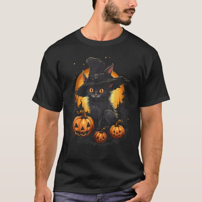 Halloween Cat Witch Hat JackOLantern T-Shirt (Front)