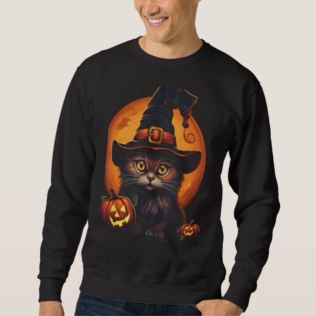 Halloween Cat Witch Hat Pumpkin Costume Spooky Sweatshirt (Front)