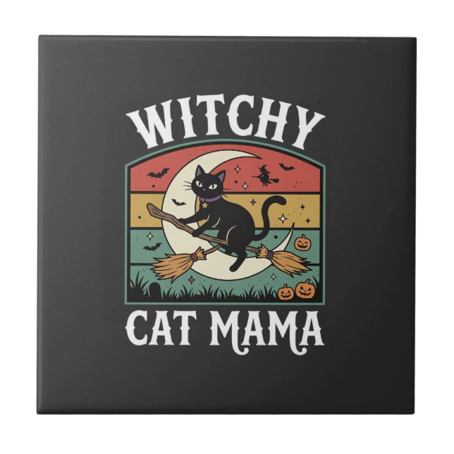 Halloween Cat Witch Mama Ceramic Tile (Front)