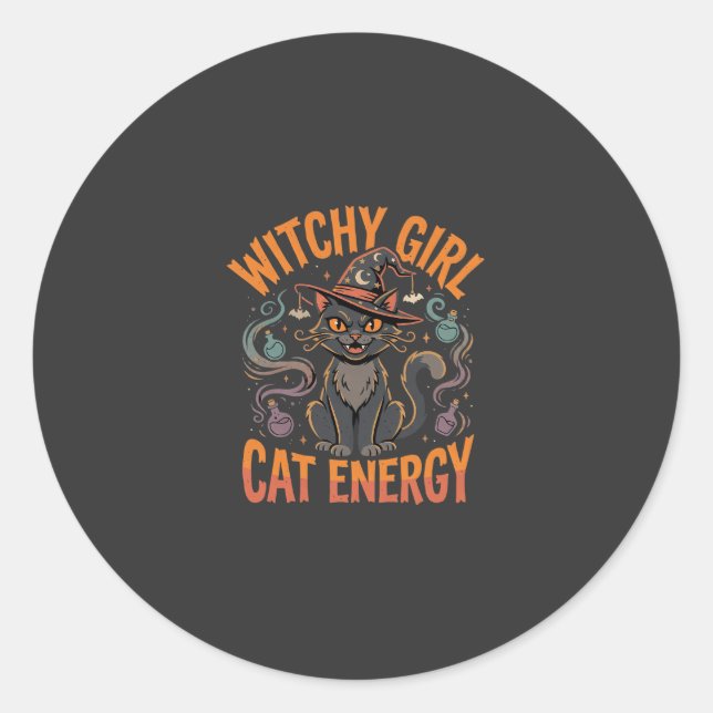 Halloween Cat Witch Vibes Classic Round Sticker (Front)