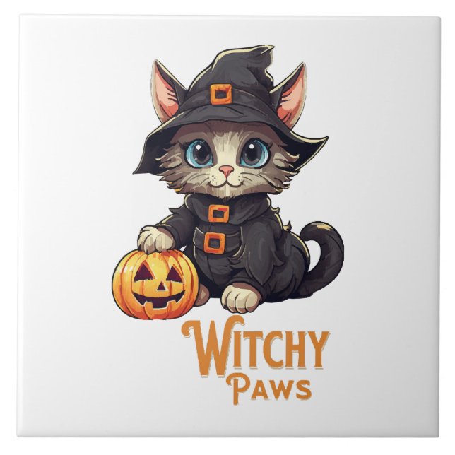 Halloween Cat Witchy Paws Ceramic Tile (Front)