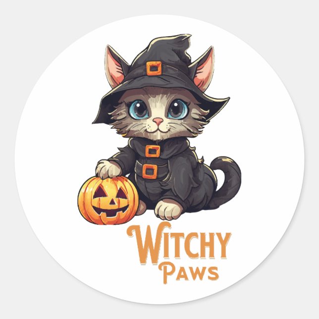 Halloween Cat Witchy Paws Classic Round Sticker (Front)