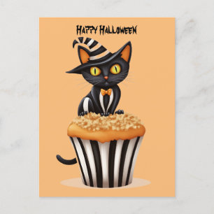 Halloween cat with a muffin holiday postcard