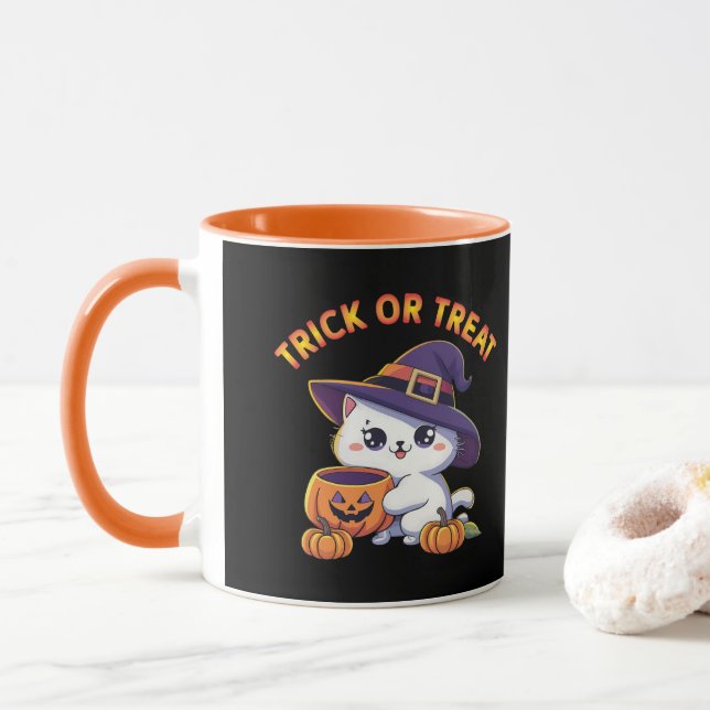 Halloween cat with Jack O' Lantern Pumpkin Mug (With Donut)