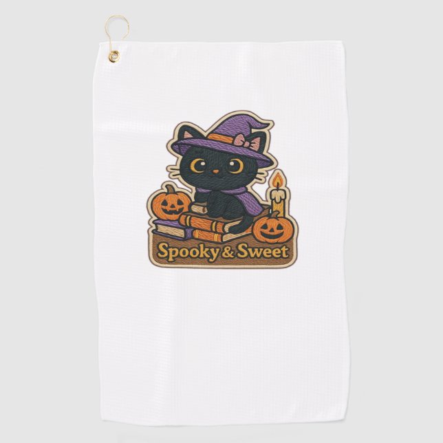 Halloween Cat with Magic Books – Spooky & Sweet Em Golf Towel (Front)