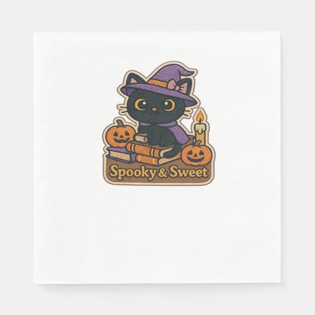 Halloween Cat with Magic Books – Spooky & Sweet Em Napkin (Front)
