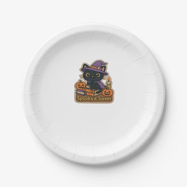 Halloween Cat with Magic Books � Spooky & Sweet Em Paper Plate (Front)
