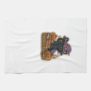 Halloween Cat with Magic Books Spooky & Sweet Emb Tea Towel