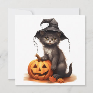 Halloween cat with pimpkins holiday card