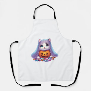 Halloween Cat with Pumpkin and Candy Long Sleeve T Apron